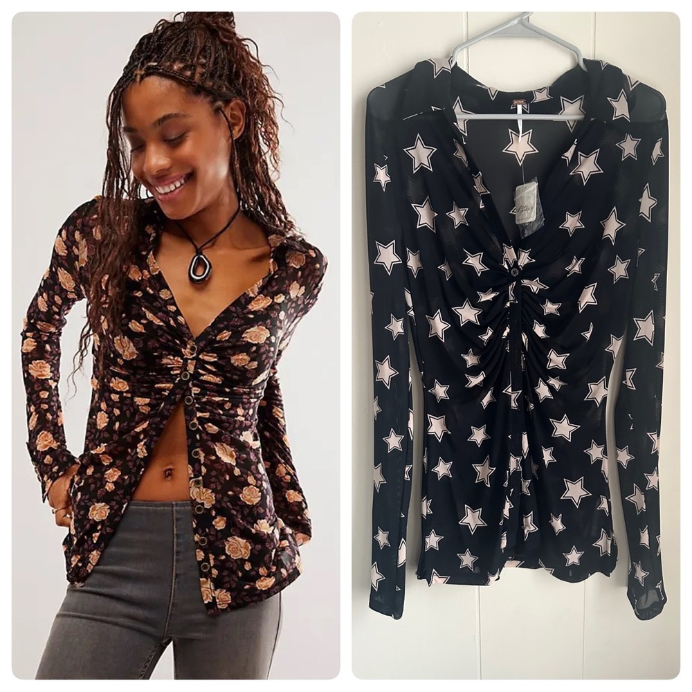 Free People Lucky Shirtee Black Stars Semi Sheer Collar Button up Shirt Size L